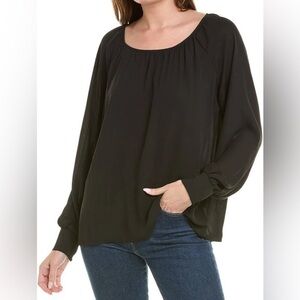 CAbi Round Trip Blouse Black Large Women's Long Sleeve Semi Sheer Peasant Top